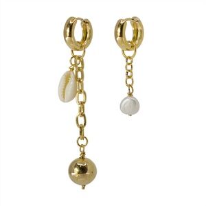 Mayamar 24K Gold Asymmetrical Earrings - Cowrie Shell & Pearl Charms | Luxe